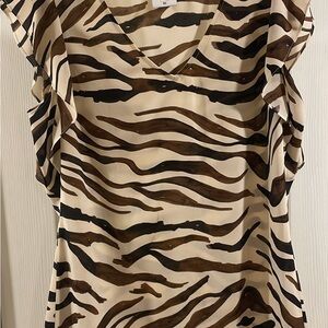 CAbi Cream and Brown Ruffled Blouse